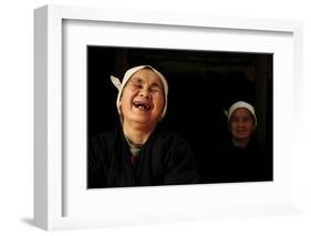 Two Dong Women, One Laughing, in a Dark Room, Sanjiang Dong Village, Guangxi, China-Enrique Lopez-Tapia-Framed Photographic Print