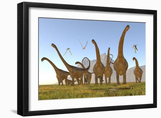 Two Dracorex Dinosaurs Walk in Front of a Malawisaurus Herd-Stocktrek Images-Framed Art Print