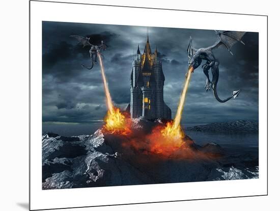 Two Dragons Attacking a Castle-null-Mounted Premium Giclee Print