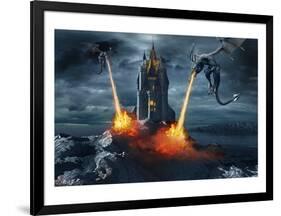 Two Dragons Attacking a Castle-null-Framed Premium Giclee Print