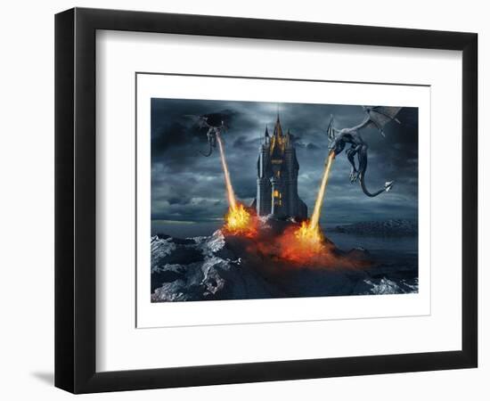 Two Dragons Attacking a Castle-null-Framed Art Print