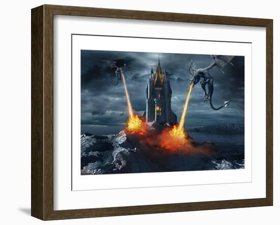 Two Dragons Attacking a Castle-null-Framed Art Print