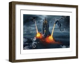 Two Dragons Attacking a Castle-null-Framed Art Print