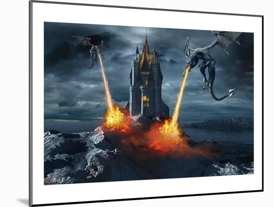 Two Dragons Attacking a Castle-null-Mounted Art Print