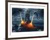 Two Dragons Attacking a Castle-null-Framed Art Print