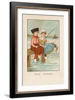 Two Dutch Children Sit on a Pier and Fish as Ships Sail in the Distance-null-Framed Art Print