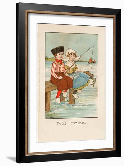 Two Dutch Children Sit on a Pier and Fish as Ships Sail in the Distance-null-Framed Art Print