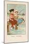 Two Dutch Children Sit on a Pier and Fish as Ships Sail in the Distance-null-Mounted Art Print