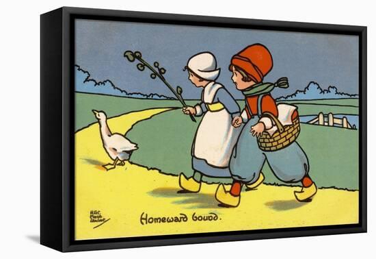 Two Dutch Children Wearing Traditional Costume Chase a Goose Home-null-Framed Stretched Canvas
