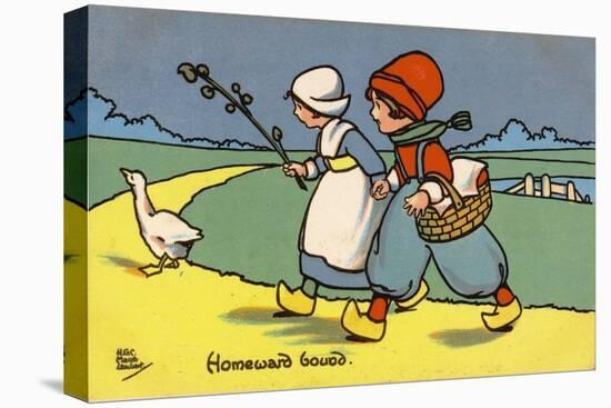 Two Dutch Children Wearing Traditional Costume Chase a Goose Home-null-Stretched Canvas