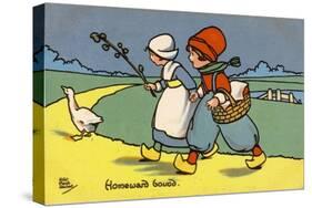 Two Dutch Children Wearing Traditional Costume Chase a Goose Home-null-Stretched Canvas