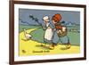 Two Dutch Children Wearing Traditional Costume Chase a Goose Home-null-Framed Premium Giclee Print