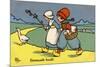 Two Dutch Children Wearing Traditional Costume Chase a Goose Home-null-Mounted Premium Giclee Print