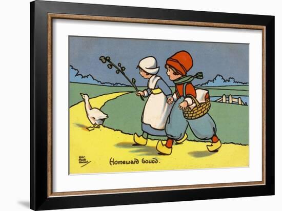 Two Dutch Children Wearing Traditional Costume Chase a Goose Home-null-Framed Art Print