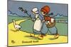 Two Dutch Children Wearing Traditional Costume Chase a Goose Home-null-Mounted Art Print