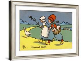 Two Dutch Children Wearing Traditional Costume Chase a Goose Home-null-Framed Art Print