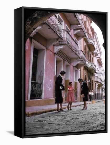 Two Eastern Airlines Stewardesses Talking to Native Girl on Street-null-Framed Stretched Canvas