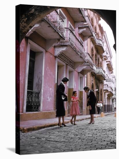 Two Eastern Airlines Stewardesses Talking to Native Girl on Street-null-Stretched Canvas