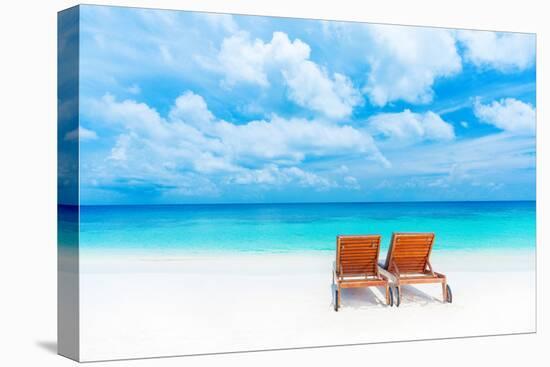 Two Empty Sunbed on the Beach, Beautiful Seascape, Relaxation on Maldives Island, Luxury Summer Vac-Anna Omelchenko-Stretched Canvas
