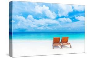 Two Empty Sunbed on the Beach, Beautiful Seascape, Relaxation on Maldives Island, Luxury Summer Vac-Anna Omelchenko-Stretched Canvas