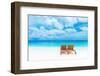 Two Empty Sunbed on the Beach, Beautiful Seascape, Relaxation on Maldives Island, Luxury Summer Vac-Anna Omelchenko-Framed Photographic Print