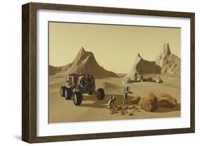 Two Explorers Collect Rock Samples to Take Back to their Mars Habitat-Stocktrek Images-Framed Art Print