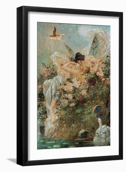 Two Fairies Embracing in a Landscape with a Swan-Hans Zatzka-Framed Art Print