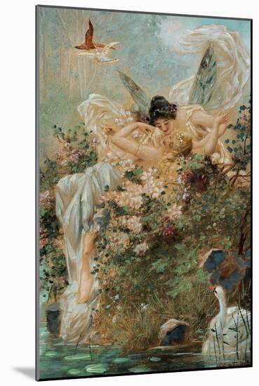 Two Fairies Embracing in a Landscape with a Swan-Hans Zatzka-Mounted Art Print