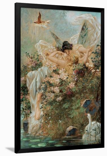 Two Fairies Embracing in a Landscape with a Swan-Hans Zatzka-Framed Art Print