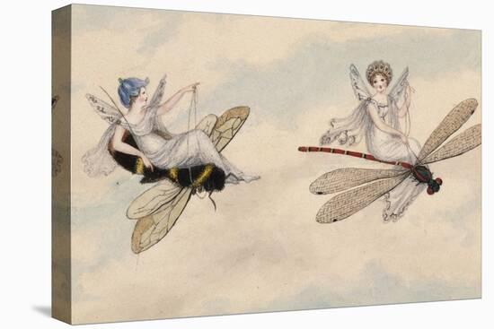 Two Fairies Flying Through the Air, One Seated on a Bee and the Other on a Dragonfly-Amelia Jane Murray-Stretched Canvas