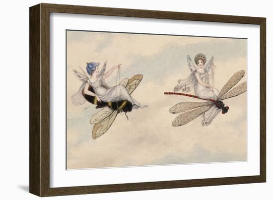 Two Fairies Flying Through the Air, One Seated on a Bee and the Other on a Dragonfly-Amelia Jane Murray-Framed Giclee Print