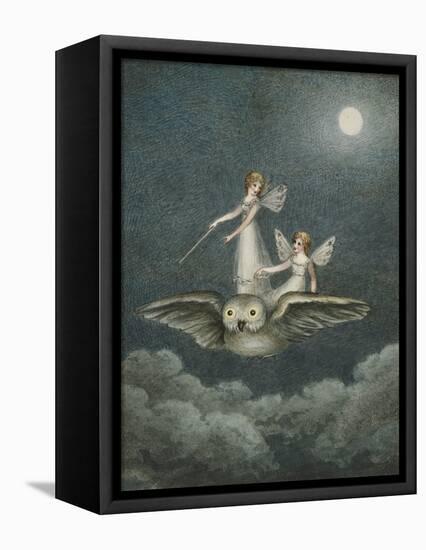 Two Fairies Standing on the Back of an Owl Beneath a Moon-Amelia Jane Murray-Framed Stretched Canvas