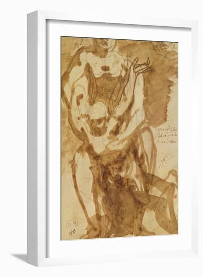 Two Figures (Preparatory Study for 'The Gates of Hell') (Lead-Pencil and Ink Wash on Paper)-Auguste Rodin-Framed Giclee Print