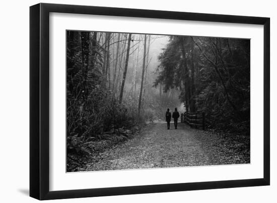 Two Figures Walking in Distance in Woodland-Sharon Wish-Framed Photographic Print