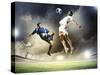 Two Football Players in Jump to Strike the Ball at the Stadium-Sergey Nivens-Stretched Canvas