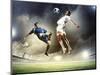 Two Football Players in Jump to Strike the Ball at the Stadium-Sergey Nivens-Mounted Photographic Print