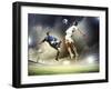 Two Football Players in Jump to Strike the Ball at the Stadium-Sergey Nivens-Framed Photographic Print