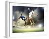 Two Football Players in Jump to Strike the Ball at the Stadium-Sergey Nivens-Framed Photographic Print