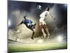 Two Football Players in Jump to Strike the Ball at the Stadium-Sergey Nivens-Mounted Photographic Print