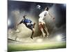 Two Football Players in Jump to Strike the Ball at the Stadium-Sergey Nivens-Mounted Photographic Print