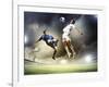 Two Football Players in Jump to Strike the Ball at the Stadium-Sergey Nivens-Framed Photographic Print