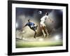 Two Football Players in Jump to Strike the Ball at the Stadium-Sergey Nivens-Framed Photographic Print