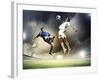 Two Football Players in Jump to Strike the Ball at the Stadium-Sergey Nivens-Framed Photographic Print