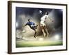 Two Football Players in Jump to Strike the Ball at the Stadium-Sergey Nivens-Framed Photographic Print