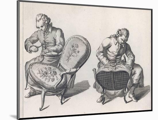 Two French Craftsmen Work on the Elaborate Upholstery on a Pair of Louis XV Style Fauteuils-Benard-Mounted Art Print