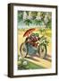 Two Frogs on Motorcycle with Umbrella and Flowers-null-Framed Art Print