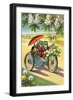 Two Frogs on Motorcycle with Umbrella and Flowers-null-Framed Art Print