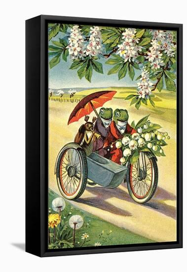 Two Frogs on Motorcycle with Umbrella and Flowers-null-Framed Stretched Canvas