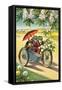 Two Frogs on Motorcycle with Umbrella and Flowers-null-Framed Stretched Canvas