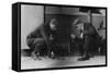 Two Gamblers Throw Craps for Money with Dollars on Floor-null-Framed Stretched Canvas